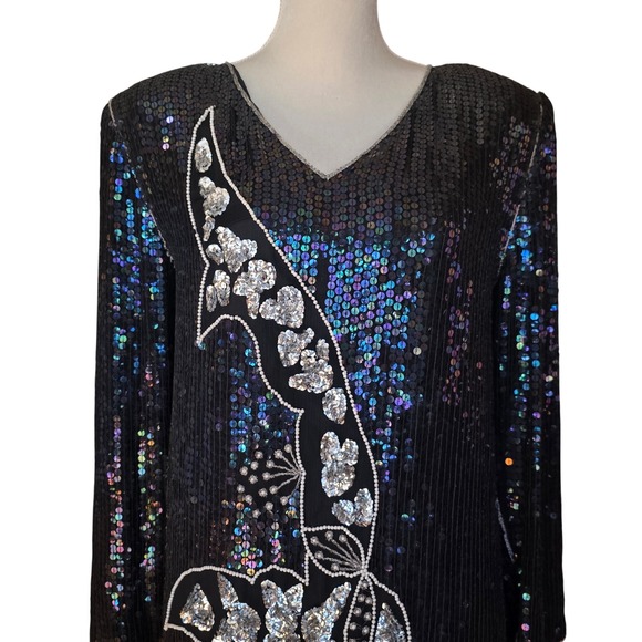 Jewel Queen Black Iridescent Sequin Beaded V Neck Long Sleeve Maxi Dress Small